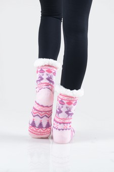 Women's Non-slip Faux Sherpa Reindeer Argyle Christmas Slipper Socks style 6