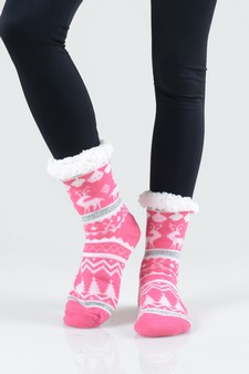 Women's Non-slip Faux Sherpa Reindeer Argyle Christmas Slipper Socks style 7