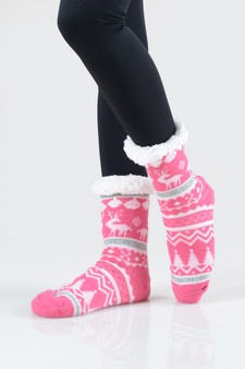 Women's Non-slip Faux Sherpa Reindeer Argyle Christmas Slipper Socks style 8