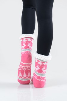 Women's Non-slip Faux Sherpa Reindeer Argyle Christmas Slipper Socks style 9