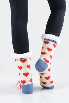 Women's Non-slip Faux Sherpa Heart Pattern Christmas Slipper Socks style 10