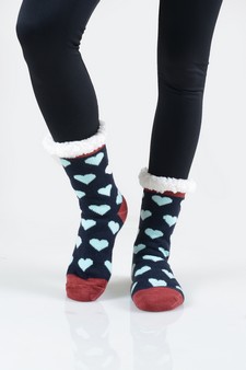 Women's Non-slip Faux Sherpa Heart Pattern Christmas Slipper Socks style 11