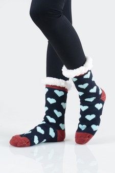 Women's Non-slip Faux Sherpa Heart Pattern Christmas Slipper Socks style 12