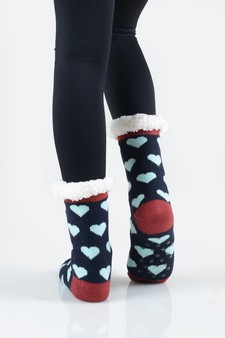 Women's Non-slip Faux Sherpa Heart Pattern Christmas Slipper Socks style 13