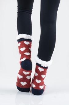 Women's Non-slip Faux Sherpa Heart Pattern Christmas Slipper Socks style 4