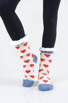 Women's Non-slip Faux Sherpa Heart Pattern Christmas Slipper Socks style 8
