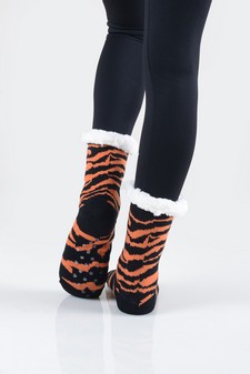 Women's Faux Sherpa Tiger Striped Christmas Slipper Socks style 12