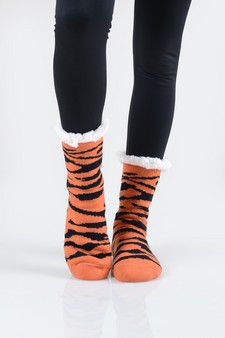 Women's Faux Sherpa Tiger Striped Christmas Slipper Socks style 2