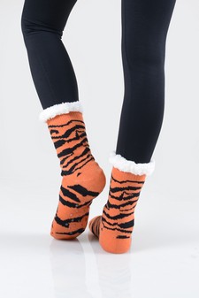 Women's Faux Sherpa Tiger Striped Christmas Slipper Socks style 3
