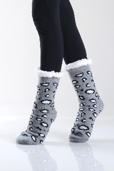 Women's Non-slip Cheetah Print Faux Sherpa Christmas Slipper Socks style 4
