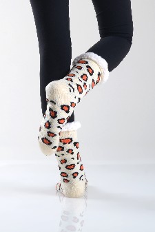 Women's Non-slip Cheetah Print Faux Sherpa Christmas Slipper Socks style 7