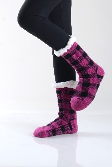 Women's Buffalo Plaid Faux Sherpa Christmas Slipper Socks style 2