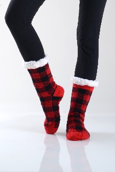 Women's Buffalo Plaid Faux Sherpa Christmas Slipper Socks style 6