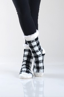 Women's Buffalo Plaid Faux Sherpa Christmas Slipper Socks style 7