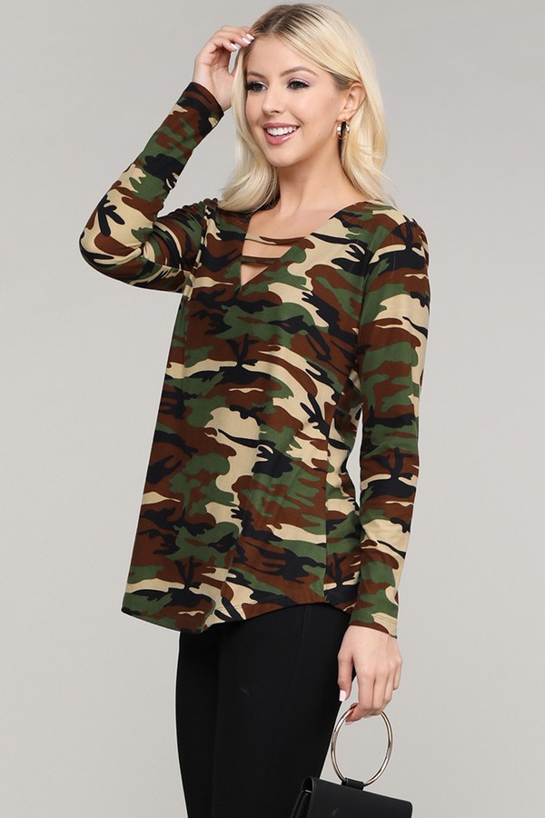 Women's Lattice V-Neck Camouflage Top - Wholesale - Yelete.com