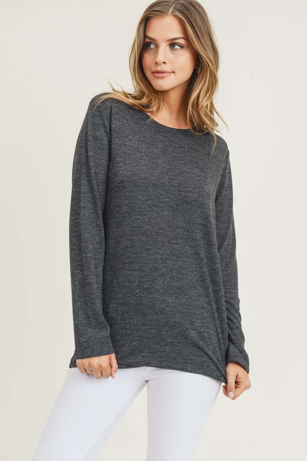 Women's Long Sleeve Back Detail Heather Knit Top - Wholesale - Yelete.com