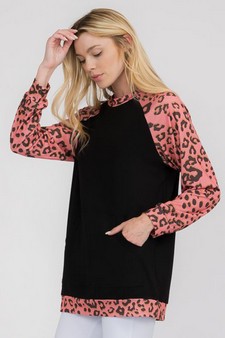 Women’s Contrast Pink Cheetah French Terry Long Sleeve Top style 2
