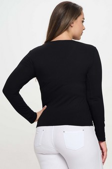 Long Sleeve Ribbed V Neck Top with Buttons style 3