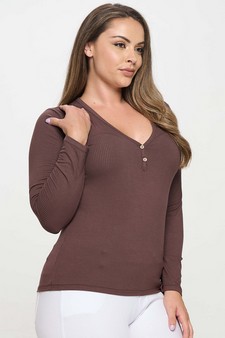 Women's Long Sleeve Ribbed V Neck Top with Buttons style 3