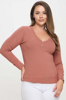 Women's Long Sleeve Ribbed V Neck Top with Buttons style 4