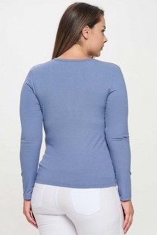 Long Sleeve Ribbed V Neck Top with Buttons style 3