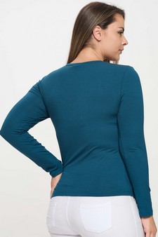 Long Sleeve Ribbed V Neck Top with Buttons style 3