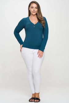 Long Sleeve Ribbed V Neck Top with Buttons style 5