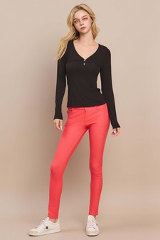 Long Sleeve Ribbed V Neck Top with Buttons style 5