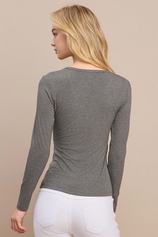 Long Sleeve Ribbed V Neck Top with Buttons style 3