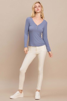 Long Sleeve Ribbed V Neck Top with Buttons style 5