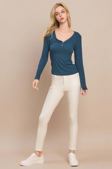 Long Sleeve Ribbed V Neck Top with Buttons style 5