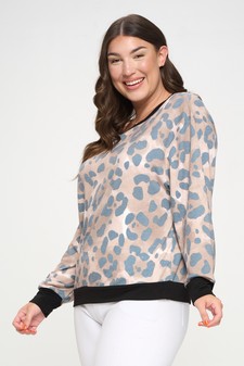 Women's Lightwash Leopard Print French Terry Long Sleeve Top style 2