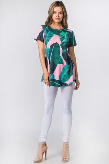 Women's Short Sleeve Palm Leaf Print Tunic Top style 5