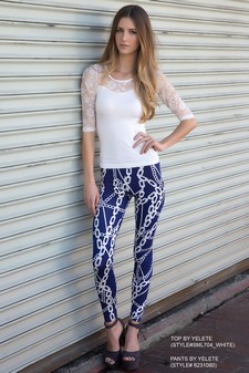 Stella Elyse - White & Navy Chain Link Printed Legging style 6